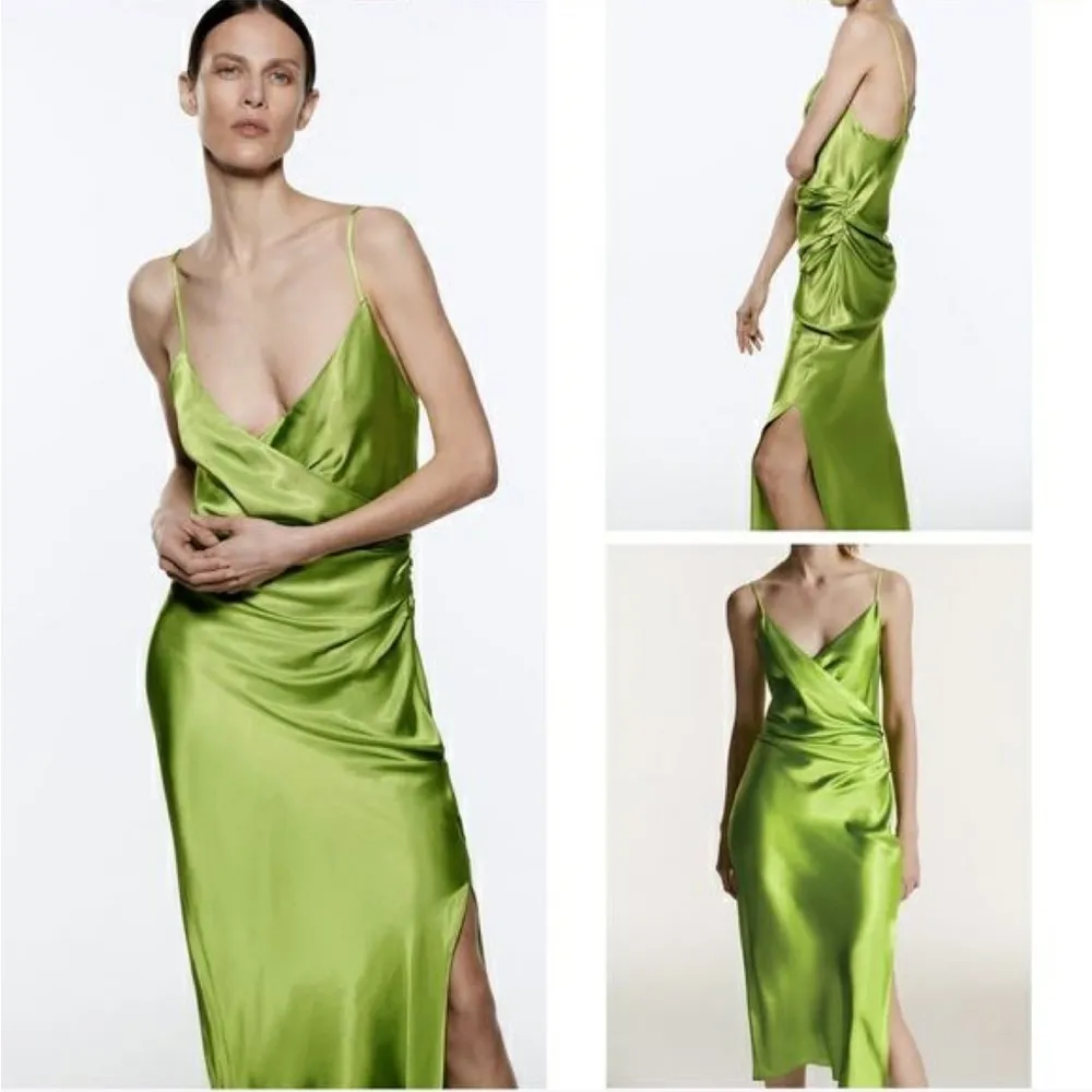 NWT ZARA Bright Green Satin Slip Midi Dress Sz XL Drapey Wrap Side Slit - Image 5
