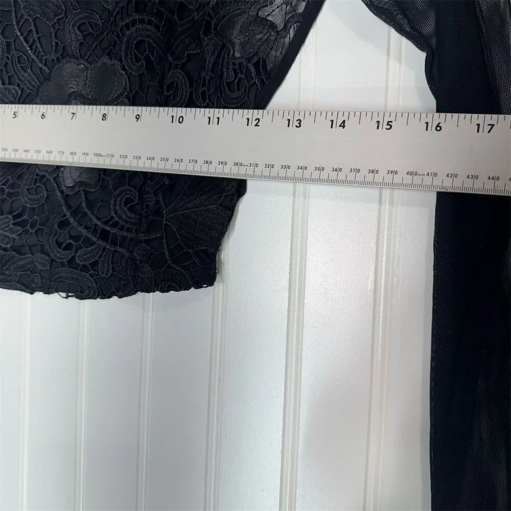 VTG Charlotte Russe Sheer Mesh Floral Lace Top Black LongSleeve Cropped Top Rave - Image 5