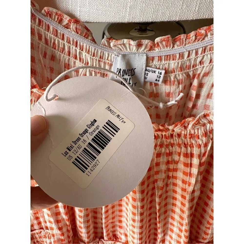 E16 Princess Polly NWT Lux Mini Dress Orange Gingham Size 12 - Image 5