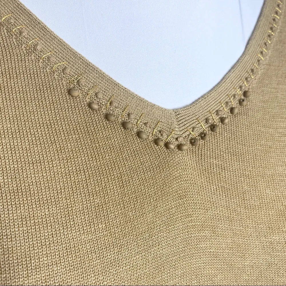 J. Jill Silk Blend Crochet Sleeve Beaded V Neck Top Size Small Tan Khaki Camel - Image 4