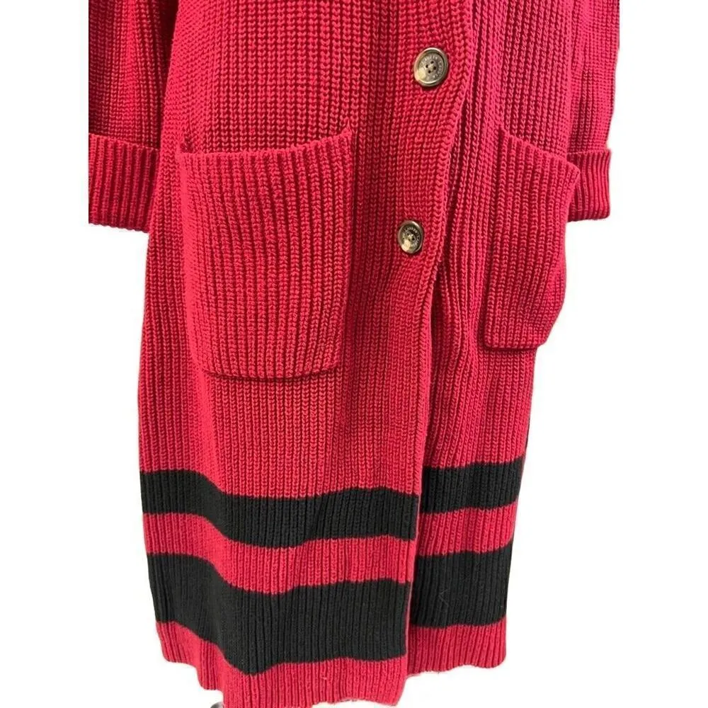 LRL Ralph Lauren Red Cotton Knit Cardigan Sweater Coat Striped Duster Sz M NWOT - Image 4