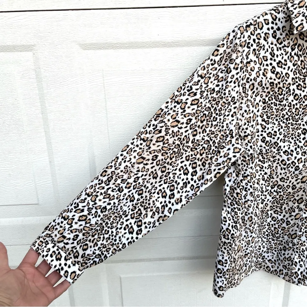 Chico’s Womens Shirt Cream Tan Leopard Animal Print Button Up Long Sleeve Large - Image 6