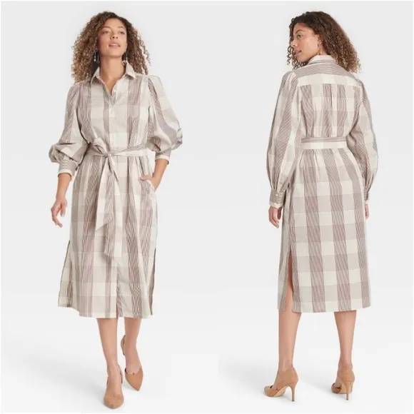 A New‎ Day Long Sleeve High Cuff puff sleeve plaid Shirtdress brown white Small - Image 2