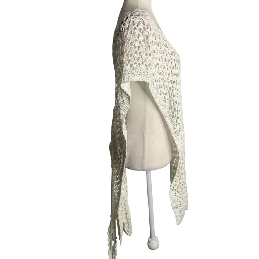 Handmade Loose Knit Cover Up Poncho One Size White V Neck Tie Belt Open Sides - Image 7