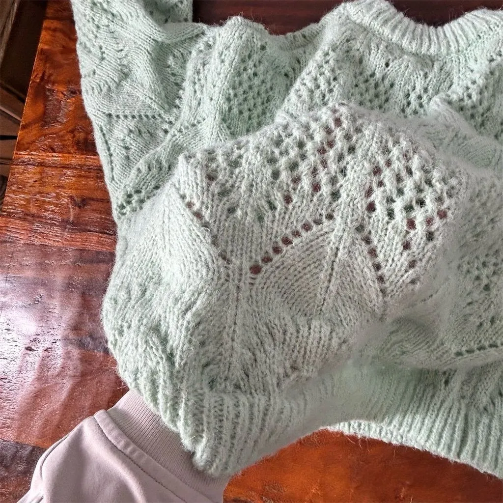 Topshop‎ Women's Light Green Pointelle Knit Pullover Sweater Size L - Image 7