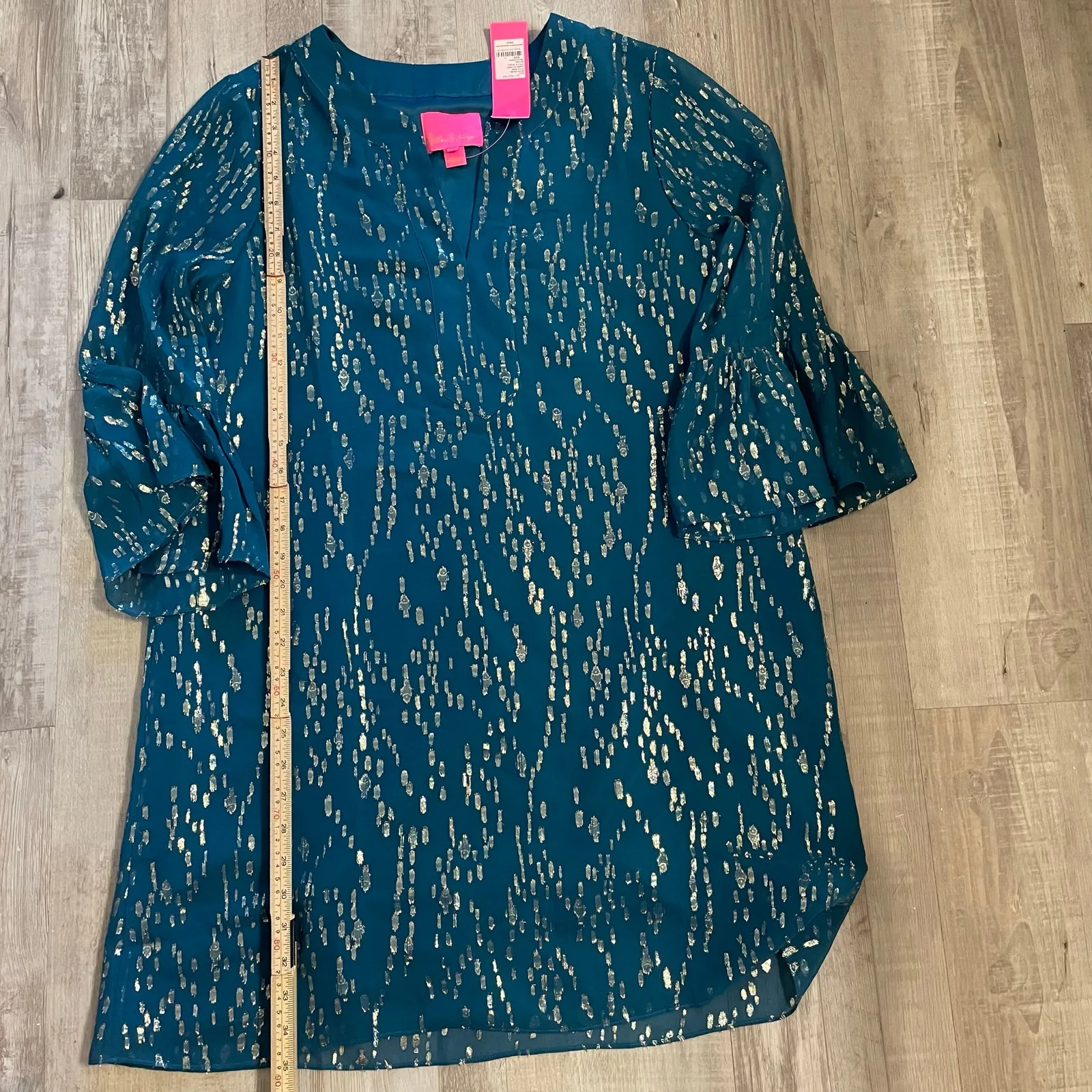 NWT Lilly Pulitzer ELENORA SILK DRESS Inky Tidal Fish Clip Chiffon Teal Size L - Image 3