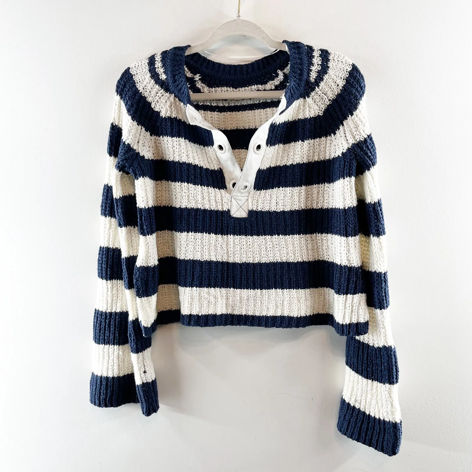 Pilcro Anthropologie Striped Bell Sleeve Henley Sweater Navy Blue White Medium - Image 2