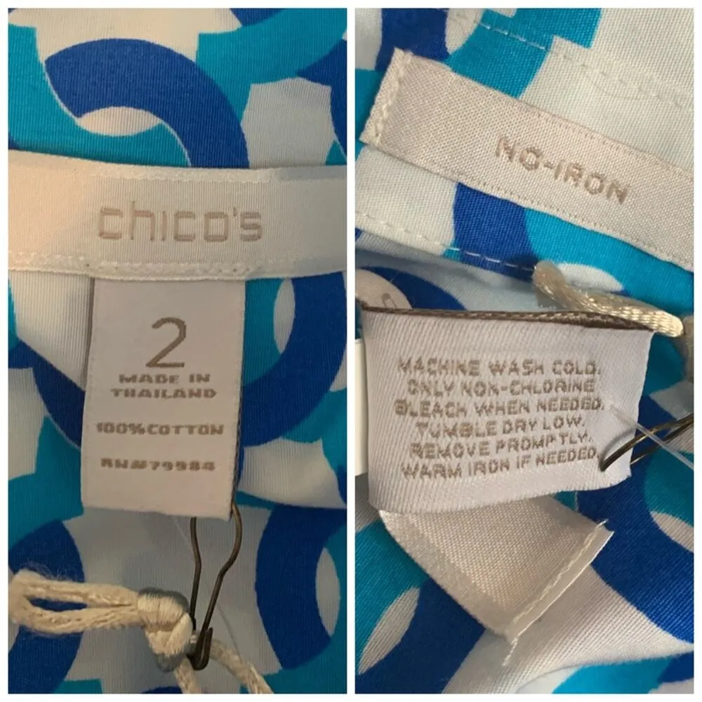Chico’s Women's Gabrielle Button Down Shirt Quarter Sleeve Blue Geo Size Medium - Image 10