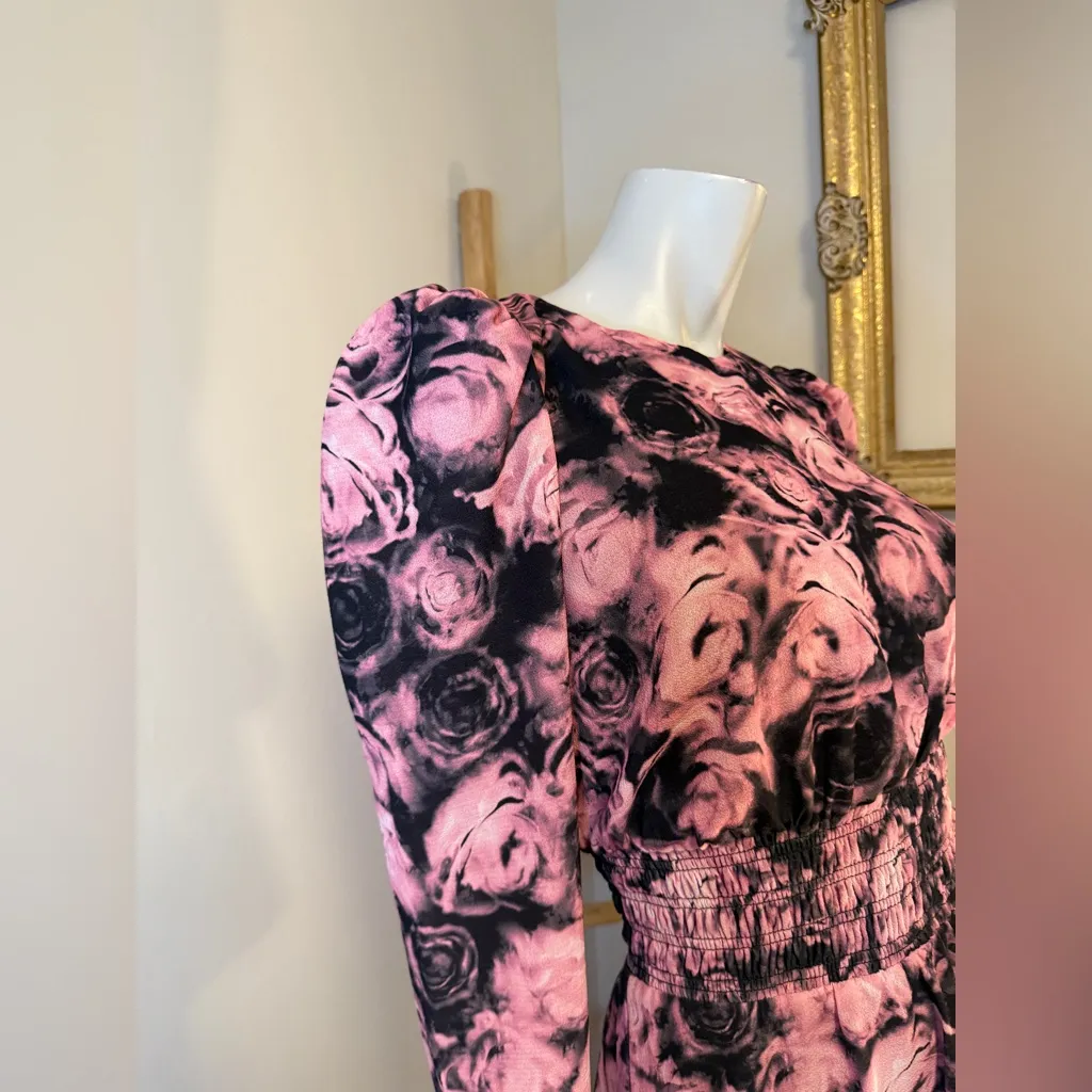Bar III Pink Black Rose Floral Dress Small Puff Sleeve Lined NWOT - Image 6