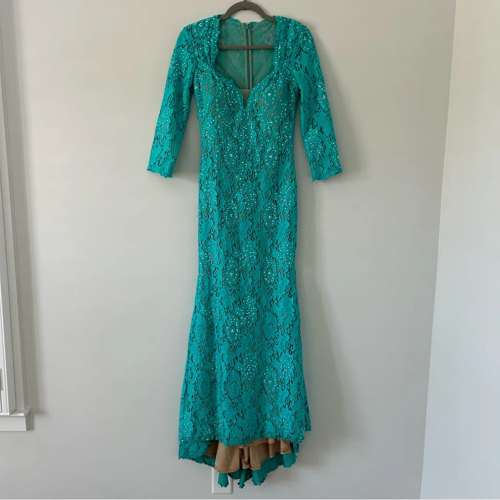 Jovani 20025 Long Formal Turquoise Rhinestone Elbow Length Sleeve Lace Dress 2 - Image 3