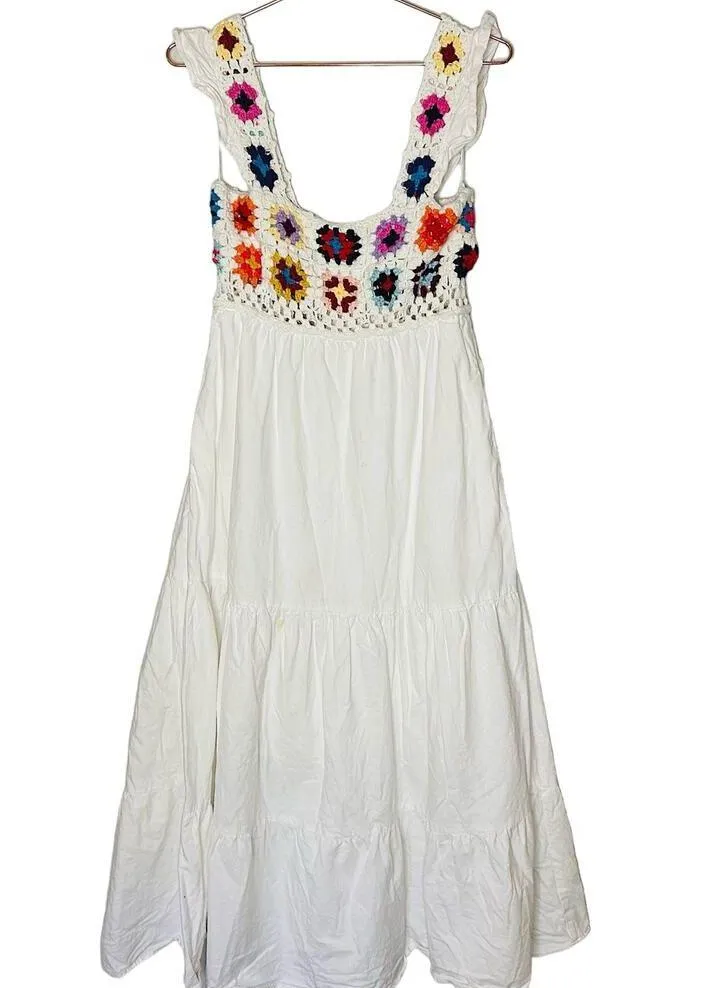 SLATE & WILLOW White Boho Crochet Top Ruffles Flowy Midi Dress Size Medium - Image 6