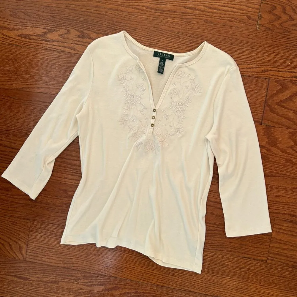 Lauren Ralph Lauren Embroidered V Neck Quarter Sleeve Tee Tunic Size Medium - Image 9