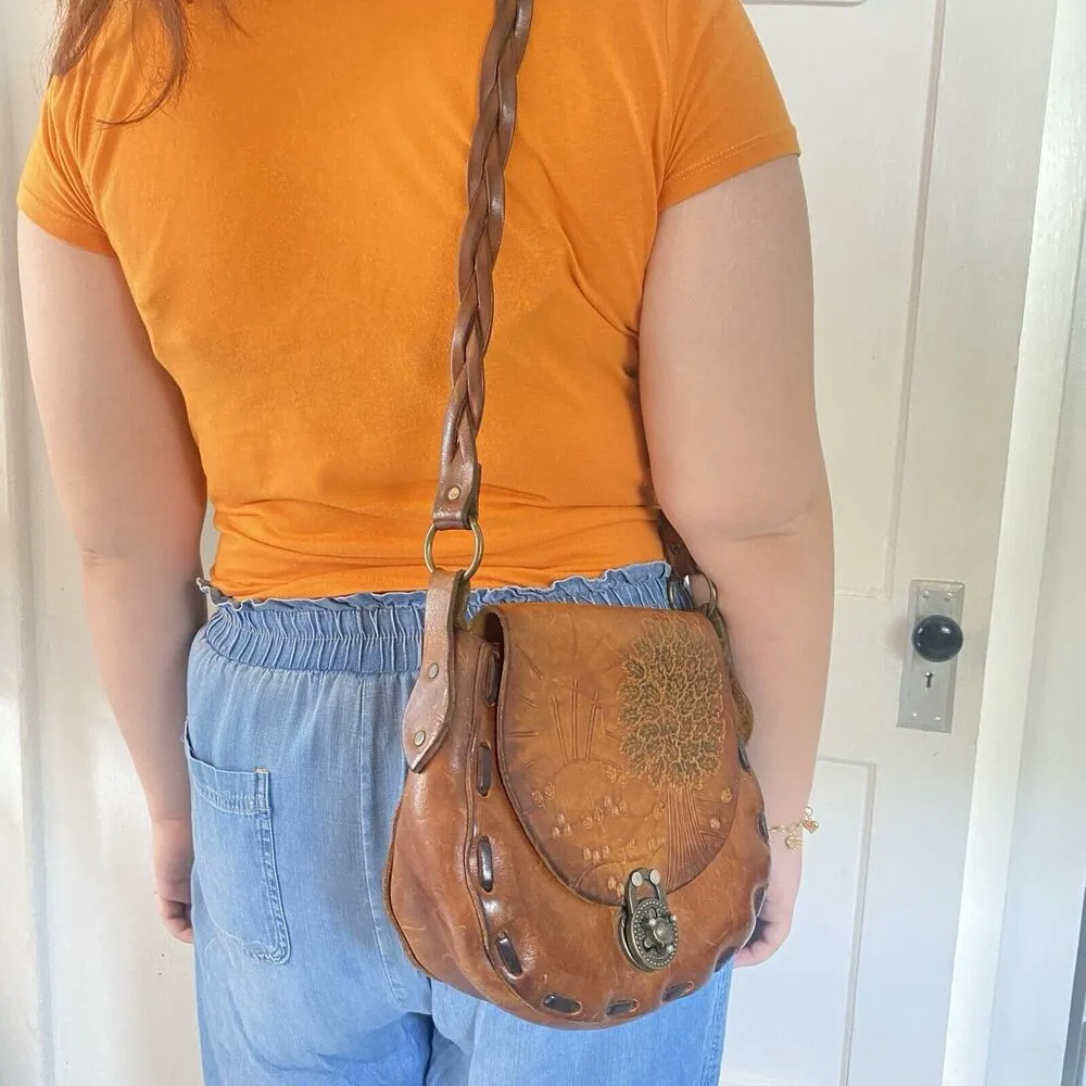 Genuine Etched Boho Saddle Braided Leather Shoulder Handcrafted 3 Cross Handbag - Image 5