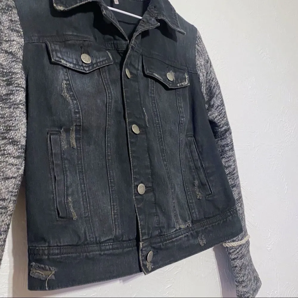 FREE PEOPLE Denim Trucker Jacket Black Knit Hoodie SZ XS - Image 8