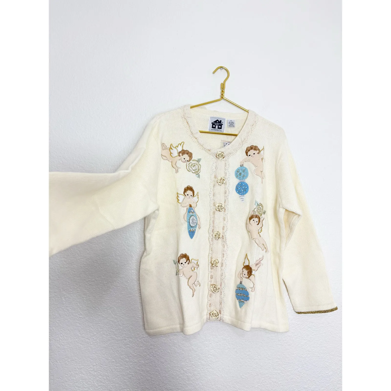 Vintage Storybook Knits Special Delivery Cardigan Size 2X Cherub Angel Christmas Blue - Image 9