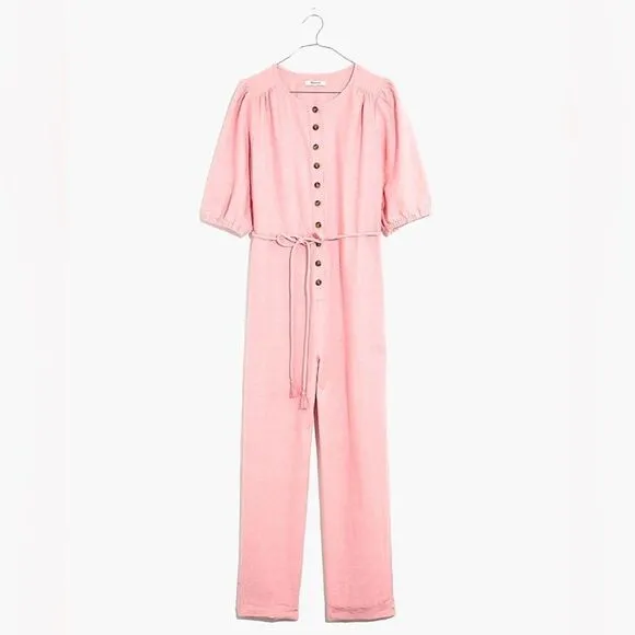 Madewell Linen-Blend Jumpsuit XS Puff-Sleeve Tassel-Tie Pink NWT‎ - Image 3