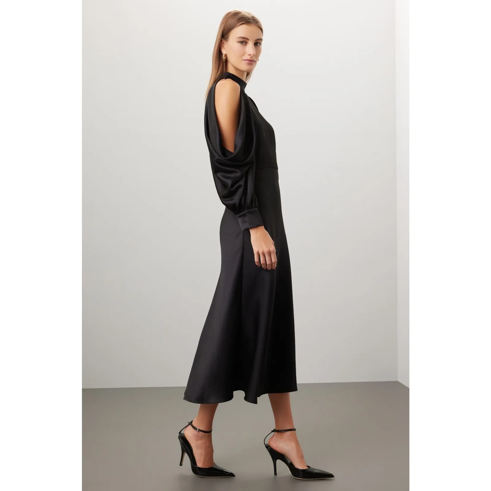 Arias New York Black Mock Neck Cold Shoulder Long Sleeve Cocktail Midi Dress 2 - Image 2