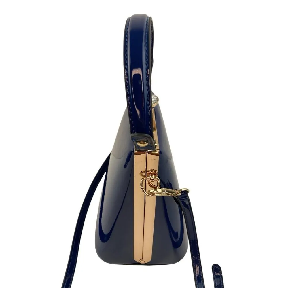 Bolsa Dama Purse Blue Patent Crossbody Rhinestone Clasp Girly Romantic Feminine - Image 3