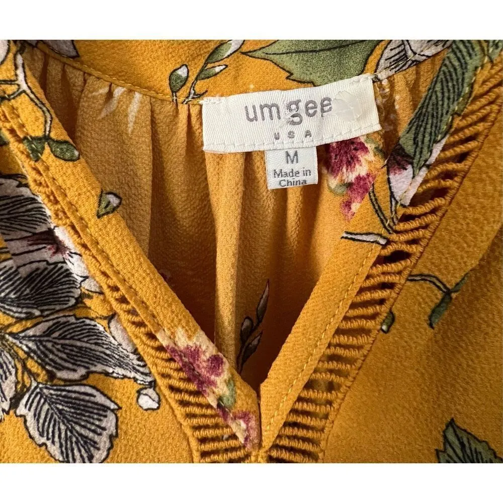 Umgee Long Sleeve Flowy Yellow Floral Pattern Mini Dress - Image 2