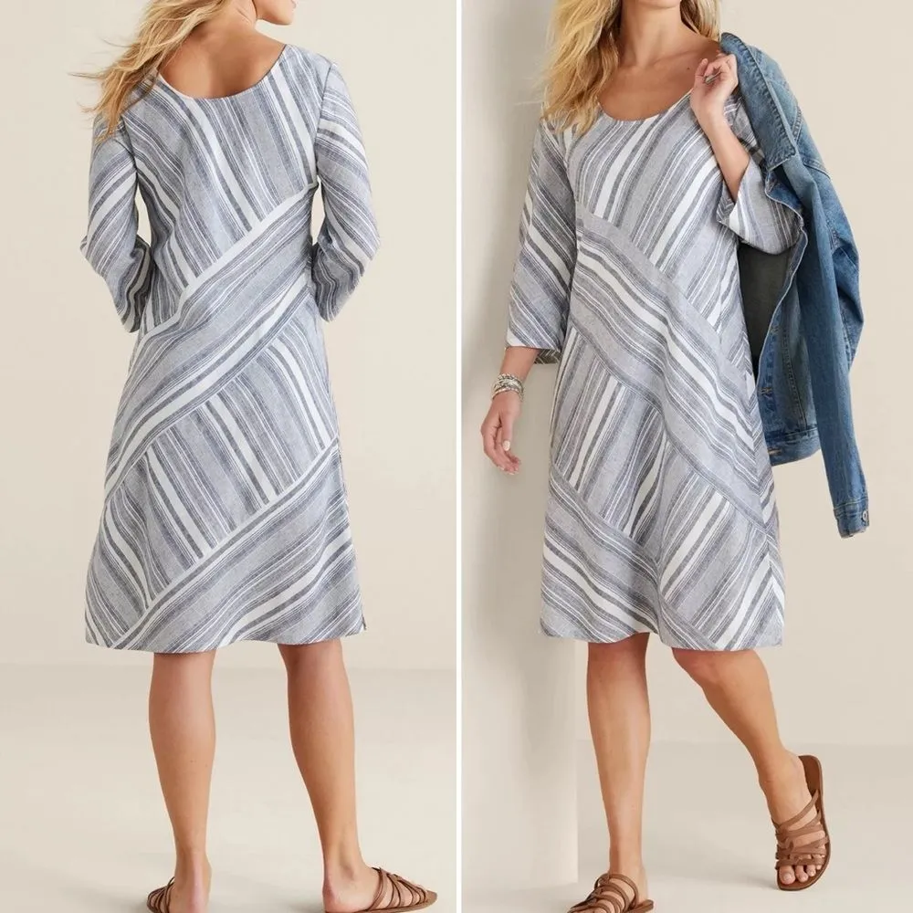 NWT Soft Surroundings Sonya Linen Dress Beachy White & Blue Stripes Size Medium - Image 12