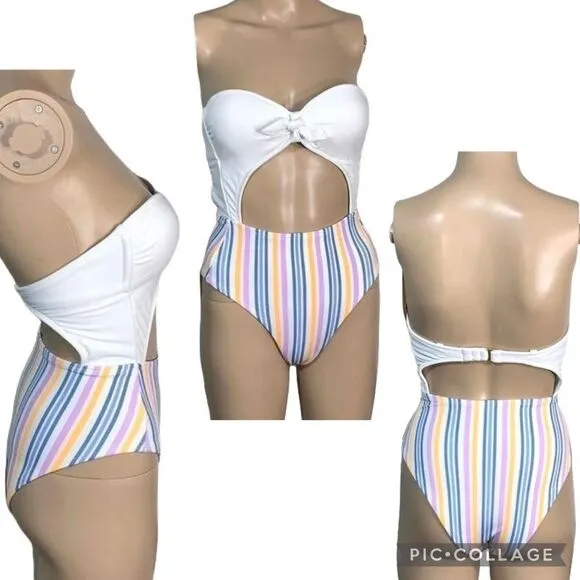 Xhilaration Womens Monokini Swimsuit One Piece Retro Striped Strapless Cutout XS - Image 2