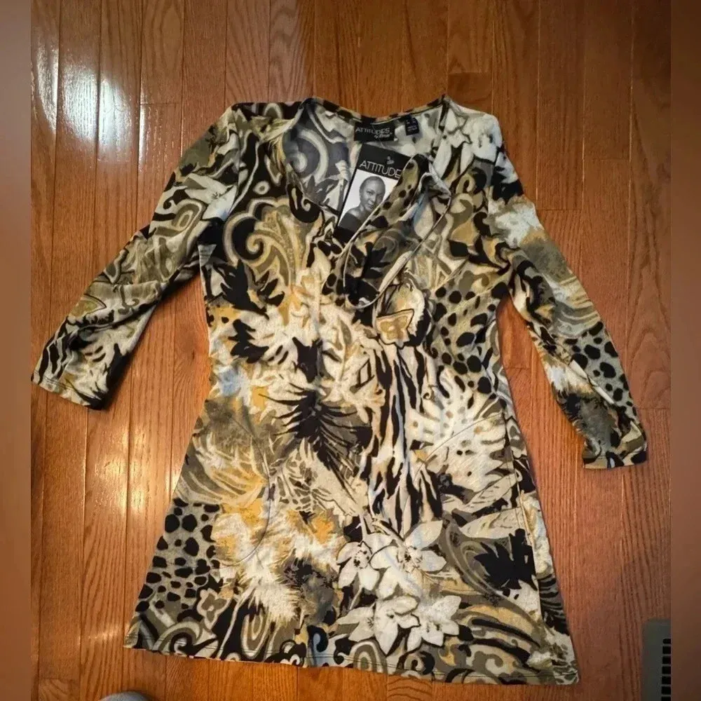 Attitudes By Renee‎ women’s Tunic dress 3/4 Sleeve Pockets xxsmall animal print Black Size XXS - Image 2