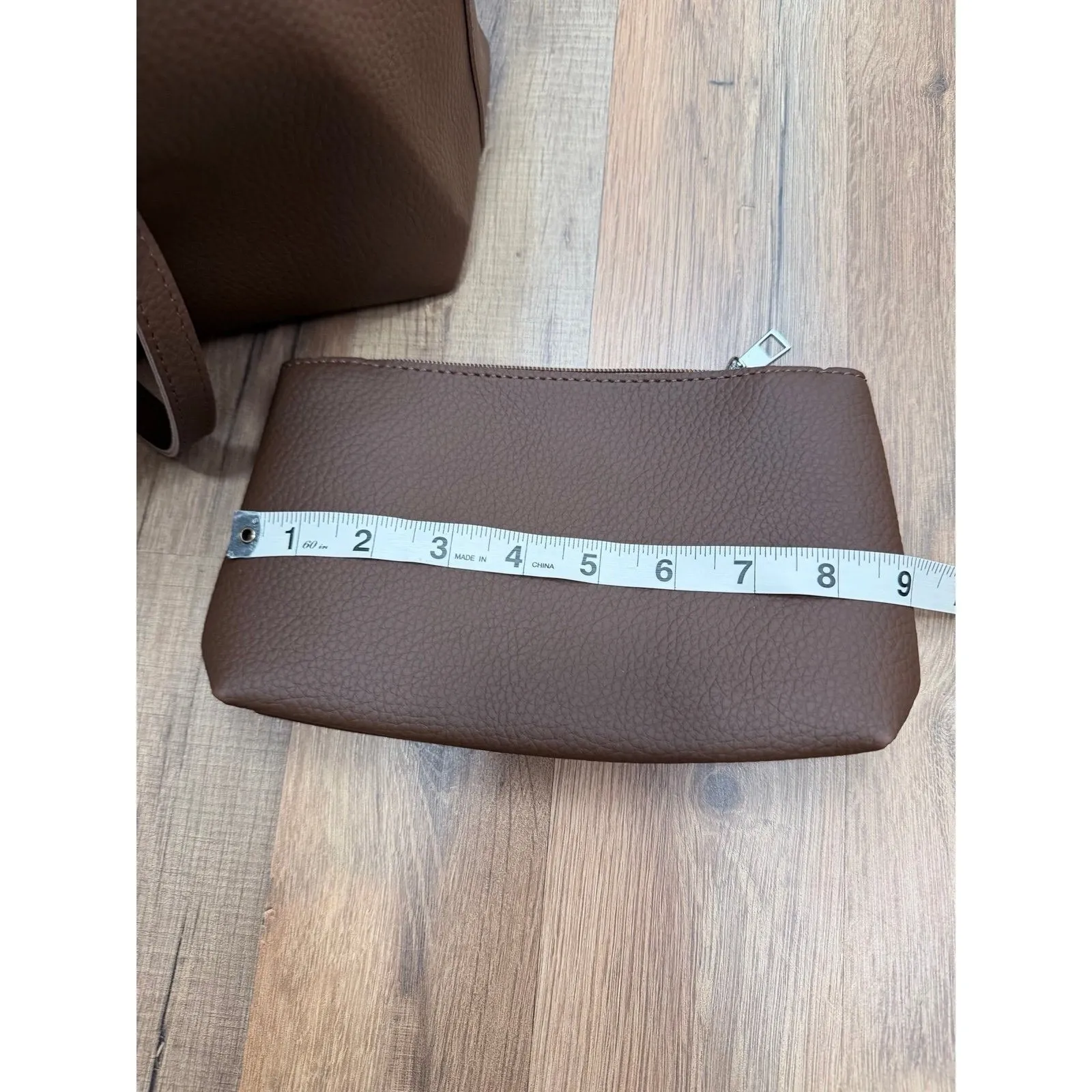 Brown Pleated PU Tote Shoulder Bag with Pouch | Adjustable Strap | Minimalist - Image 10