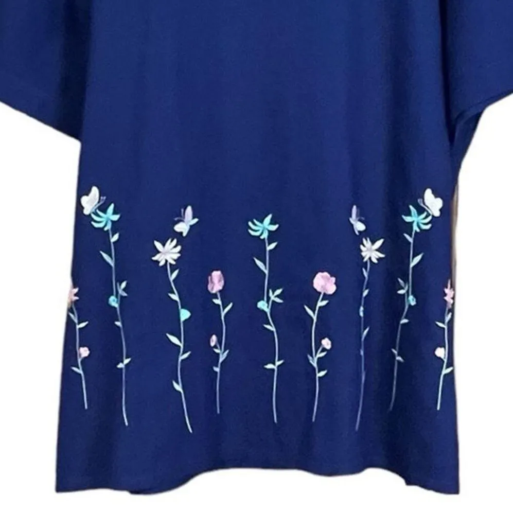 Sport Savvy Short Sleeve Floral Embroidered Camp Shirt Navy Blue Size 1X - Image 4