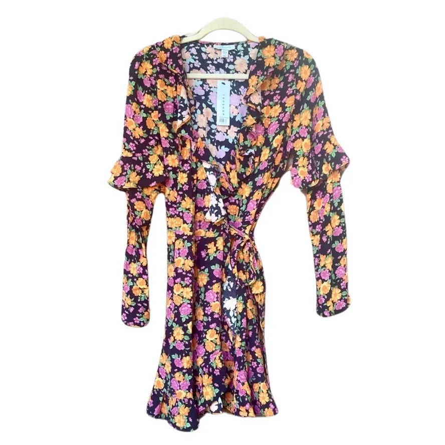 NEW Topshop Rose Ruffled Long Sleeve Mini Wrap Dress Floral Spring Size 6 - Image 5