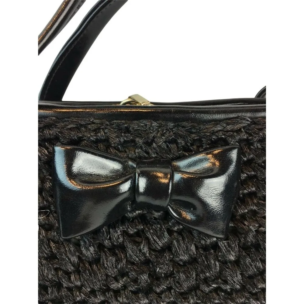 Vintage Forsum Straw Italian Purse Kiss Clasp Weaved Lined Japan u Handbag Black - Image 2