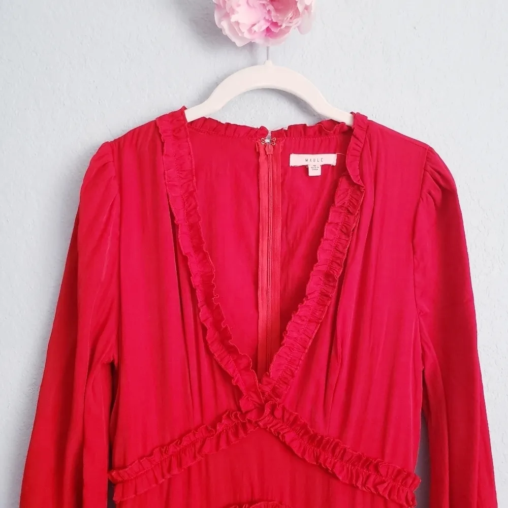 Mable Red Long Sleeve Ruffle Trim Dress - Image 5