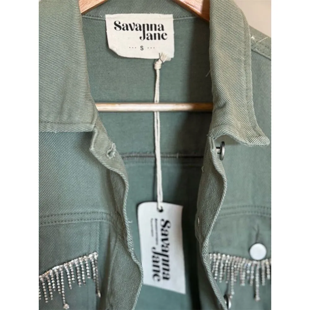 Savannah Jane Women's Olive Green Tasseled Denim Jacket Size S - Image 2