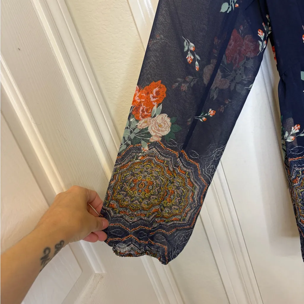Daniel Rainn Navy Boho Floral Peasant Blouse Long Sleeve Tunic Style Large - Image 3