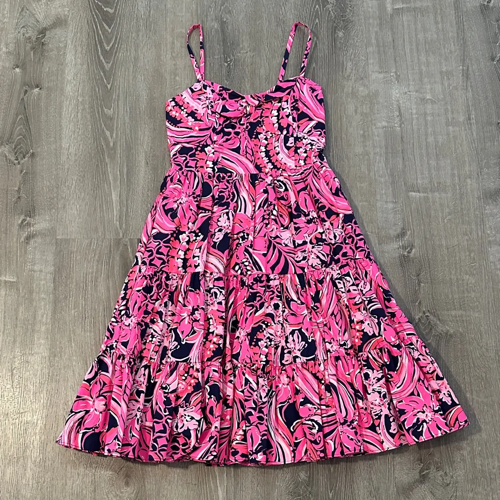 Lilly Pulitzer Sz 0 Adalia Knee Length Cot Tiered Lined Cocktail Colorful Dress - Image 2