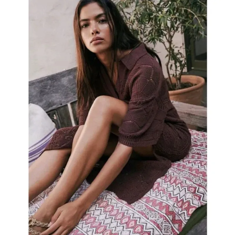 Free People Islamorada Fauxchet Sweater Maxi Crochet Dress Brown Womens Large - Image 15