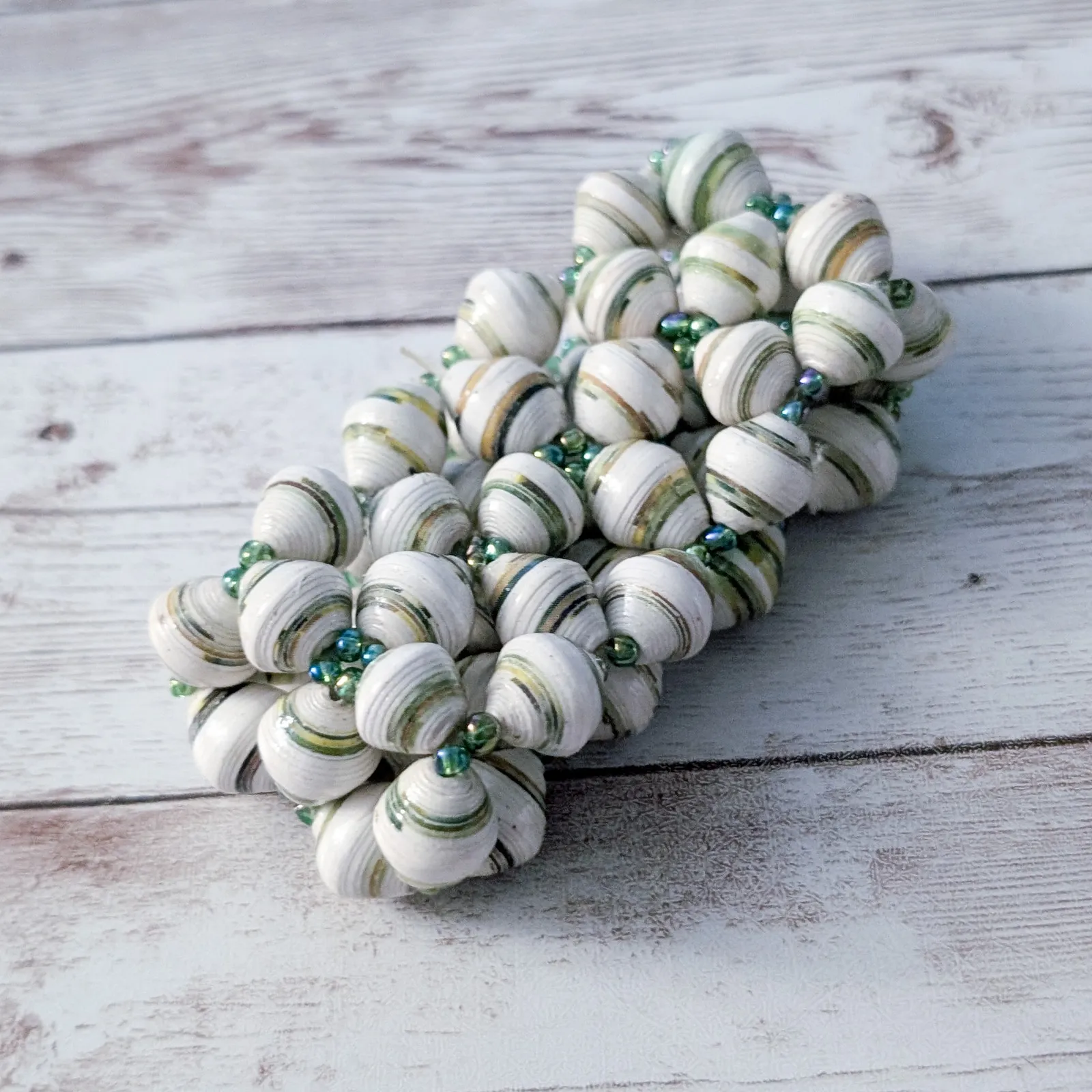 Vintage Stretch Bracelet Wide & Chunky Green & Cream Tones - Image 5