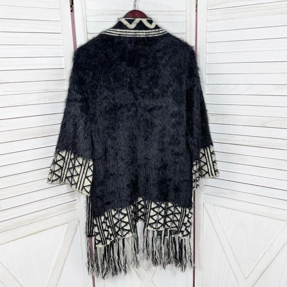 Kayla by Tally Taylor Fuzzy Knit Fringe Hem Boho Cardigan Sweater Black Small - Image 8