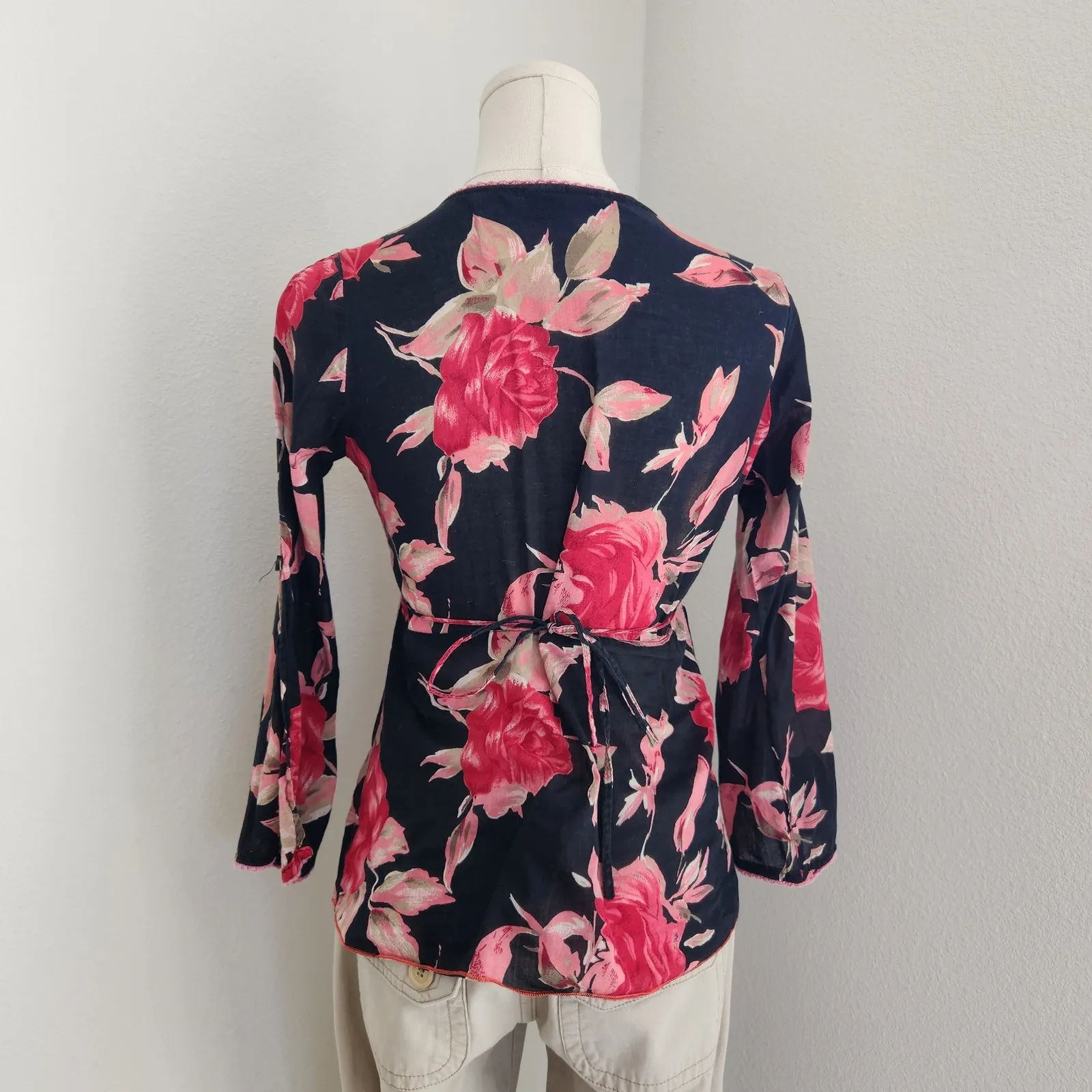 Y2K Magazine Black Pink Rose Print Wrap Tie Back Feminine Fairy Blouse Top S - Image 6