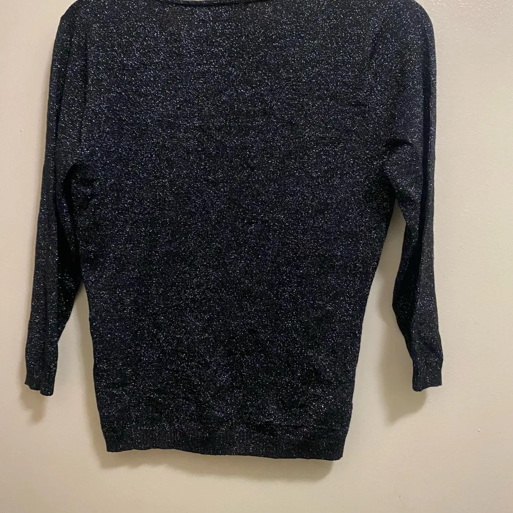Metro Womens 3/4 Sleeve Top Blouse M Black V Silver Glitter Sparkle New Years Size M - Image 5
