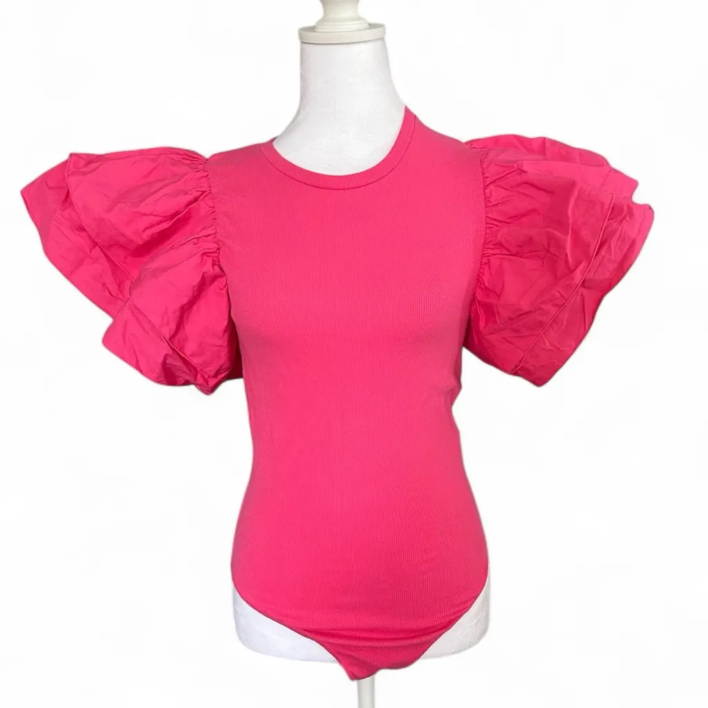 Zara Fuchsia Puff Sleeve Bodysuit Women's  Rib Flutter Ruffle Sleeve Thong Sz L - Image 2