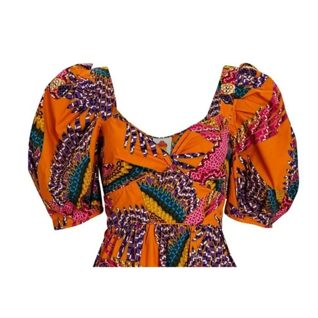 NWT FARM Rio Beaded Macaw Midi in Orange Puff Sleeve Cotton Poplin Dress S $230 - Image 3