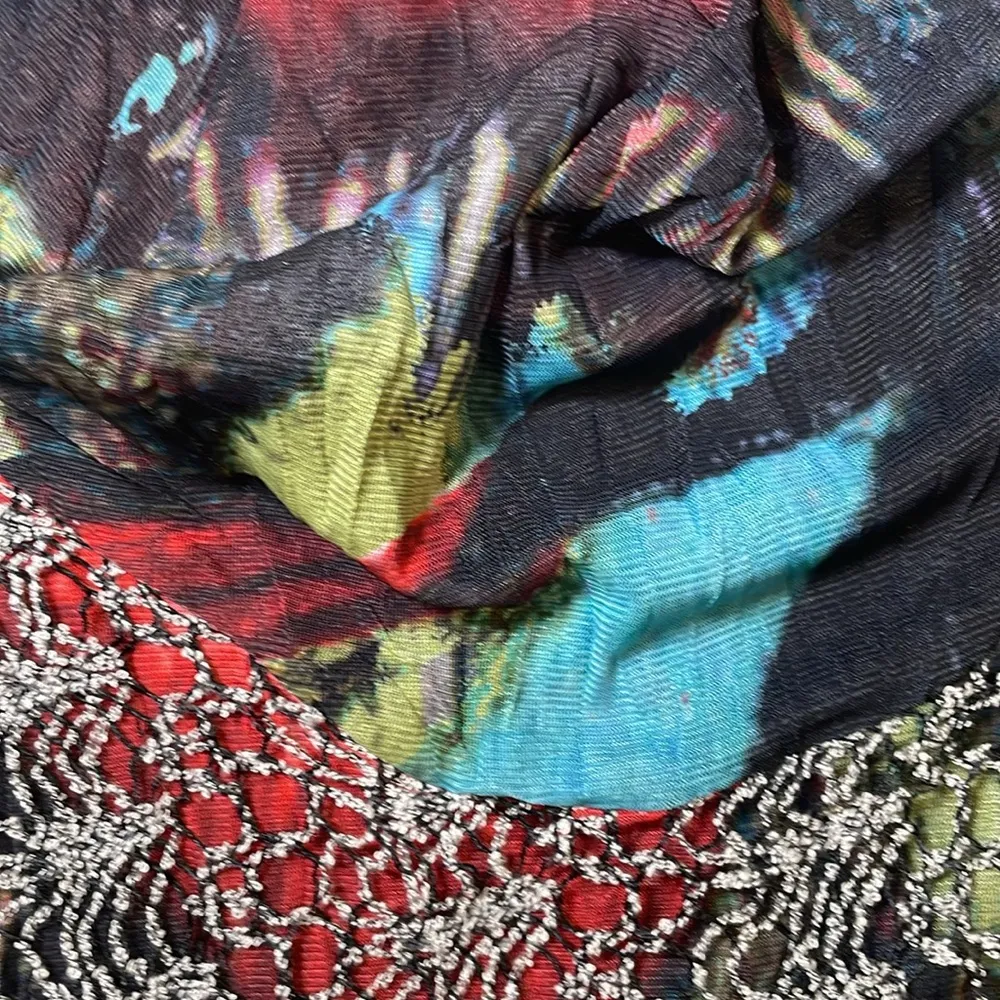 Cowlneck stretch lace mesh abstract color splash long sleeve black mini dress - Image 4