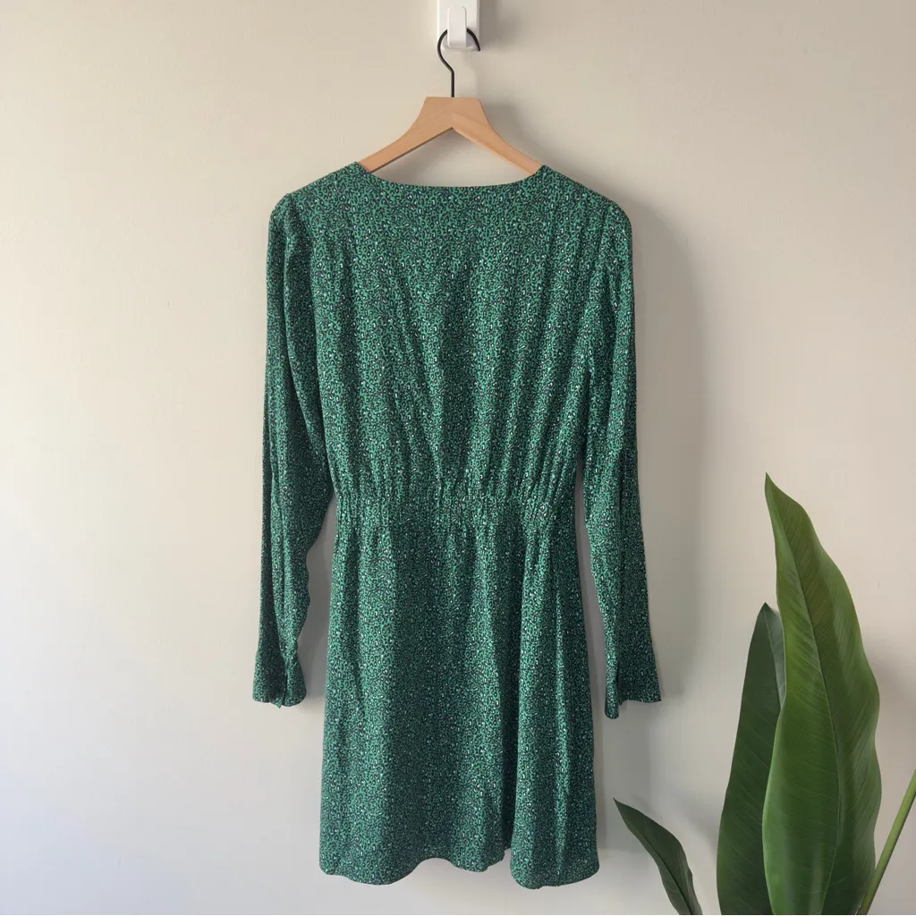 Anthropologie Sanctuary Green Micro Leopard Animal Print Wrap Dress Long Sleeve - Image 6