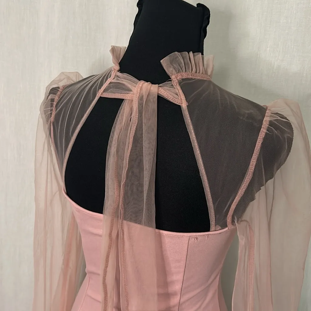 SHEIN Romantic Pink Puff Sleeve Dress – Sheer Detail & Ruffle Neckline size XS - Image 5