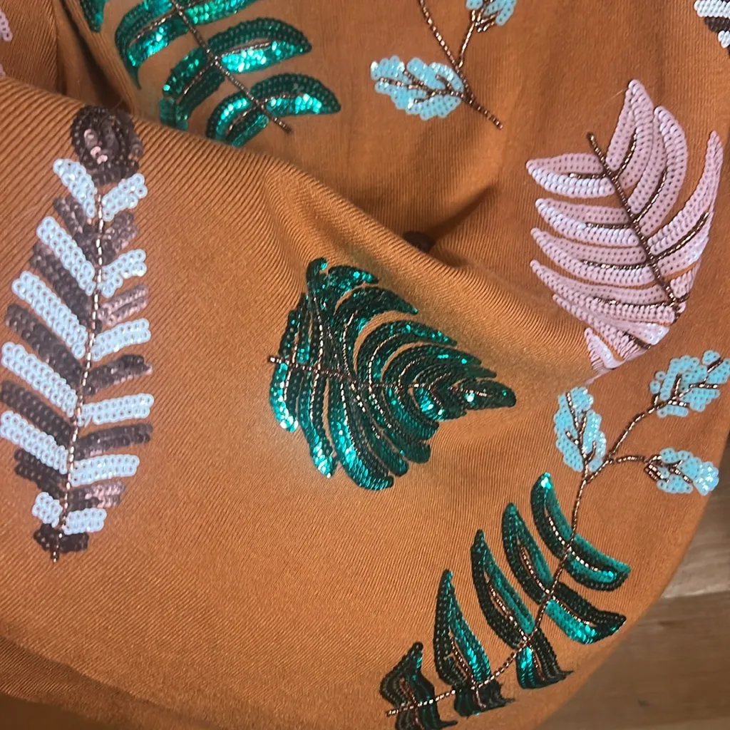 Fate Flare Sleeve Beaded Leaf Botanical Plant Flower Boho Brown Oversize S - Image 8