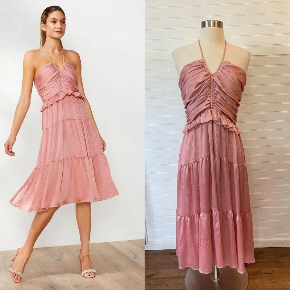Chelsea & Violet Plisse Pink Satin Halter Neck Tiered Dress - Image 9