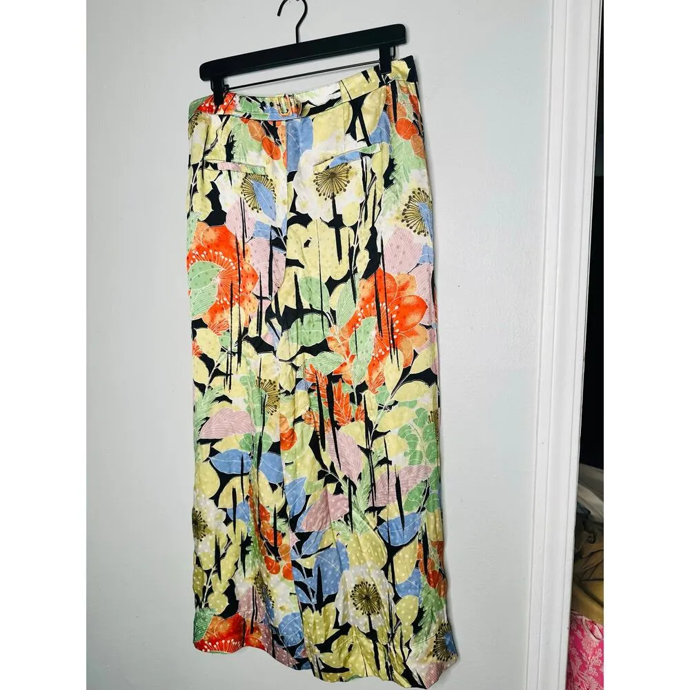 EQUIPMENT Yellow Green Silk Tropical Wide Leg Flowy Trousers Pants Size 8 - Image 5