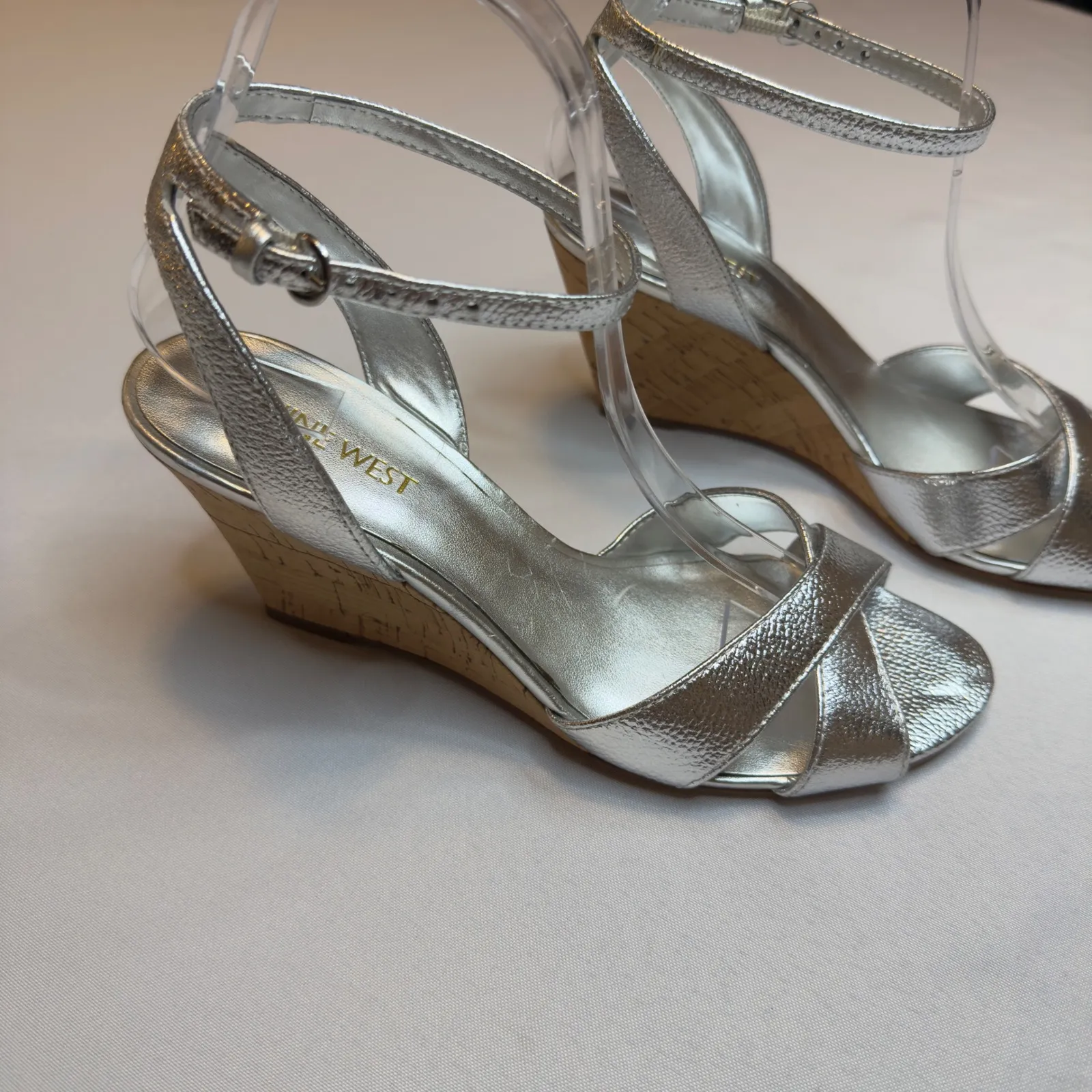 Nine West NEW Silver Metallic Cork Wedge Strappy Ankle Strap Sandals Womens 8M - Image 6