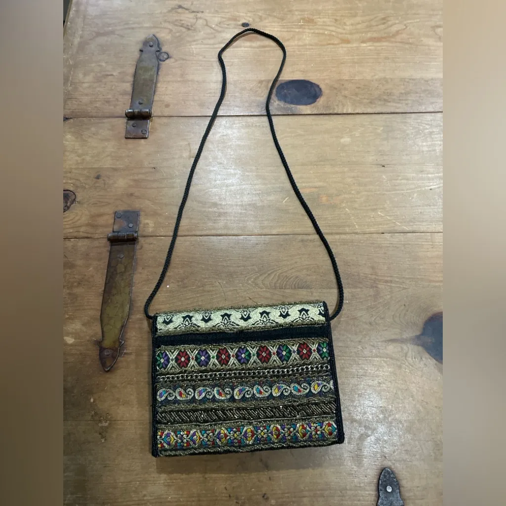 Bohemian Bead Stitched Patterned Crossbody Bag Gold - Image 2