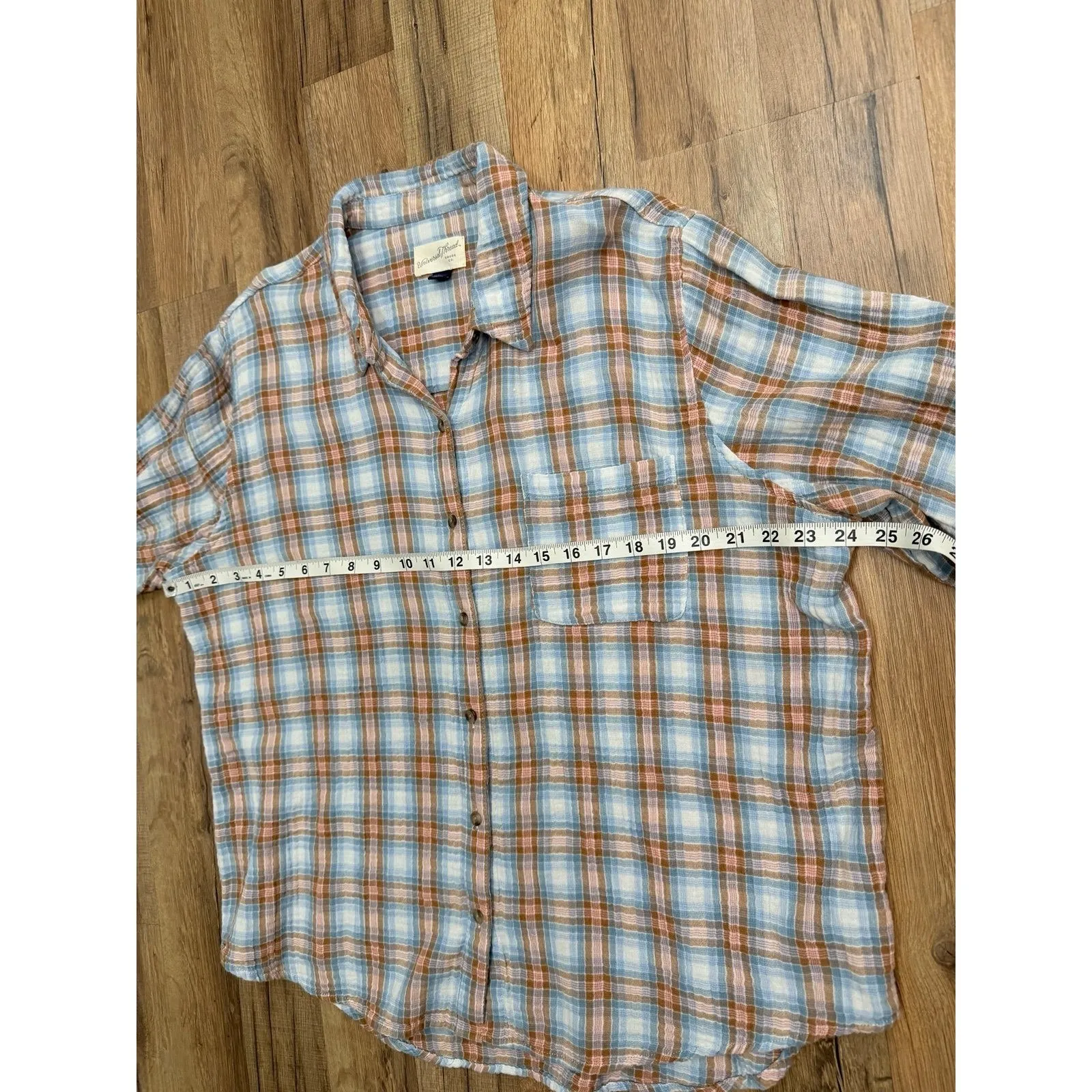 Universal Thread Plaid Button Up Shirt XL Blue Brown Cotton Oversized - Image 7
